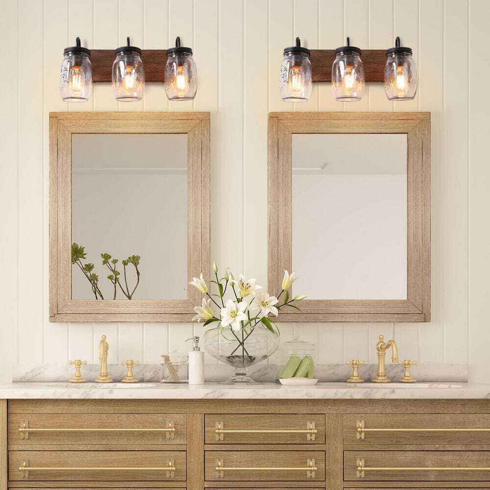 LNC Vanity Light 3-Light Black w/ Brown Faux Wood Accent Clear Mason Jar Shades