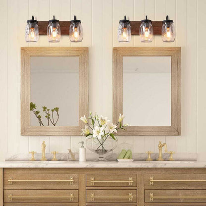 LNC Vanity Light 3-Light Black w/ Brown Faux Wood Accent Clear Mason Jar Shades