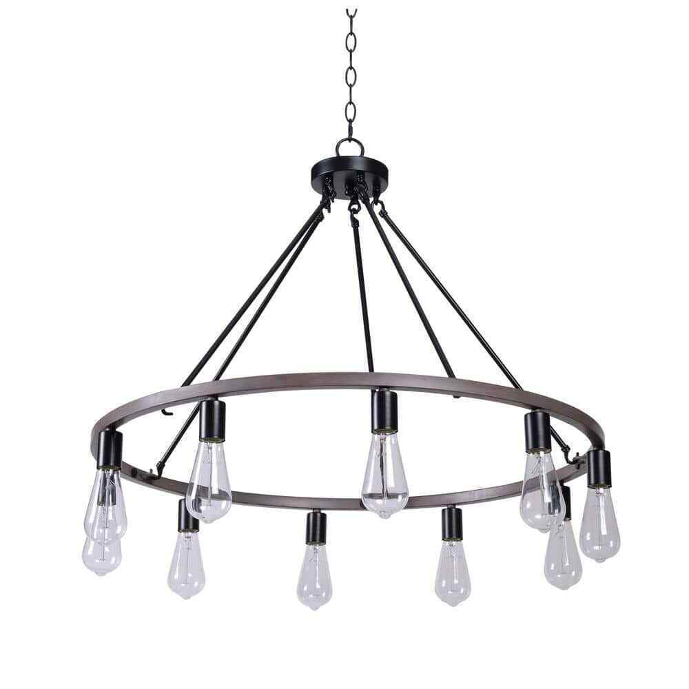 Hampton Bay Stratton 10-Light Black and Woodgrain Wagon Wheel Chandelier