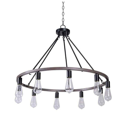 Hampton Bay Stratton 10-Light Black and Woodgrain Wagon Wheel Chandelier