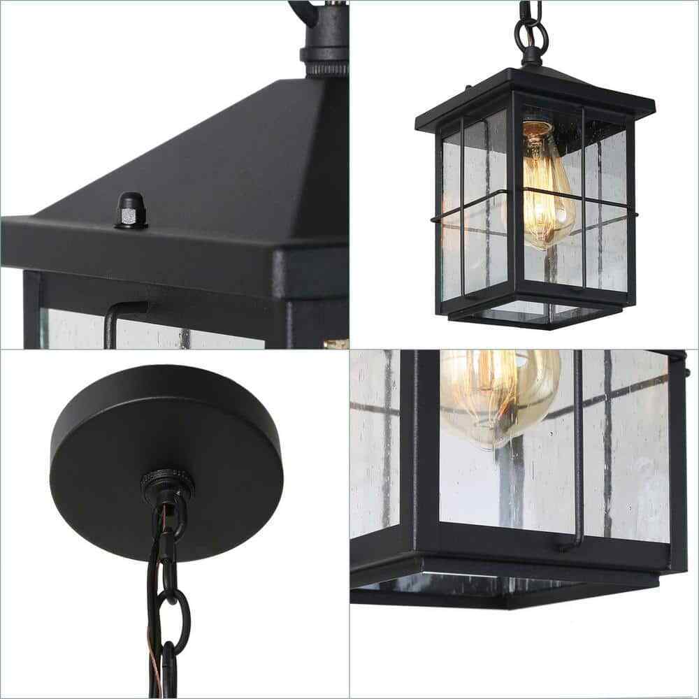 LNC Black Outdoor Hanging Lantern w/ Seeded Glass Shade for Covered Patio