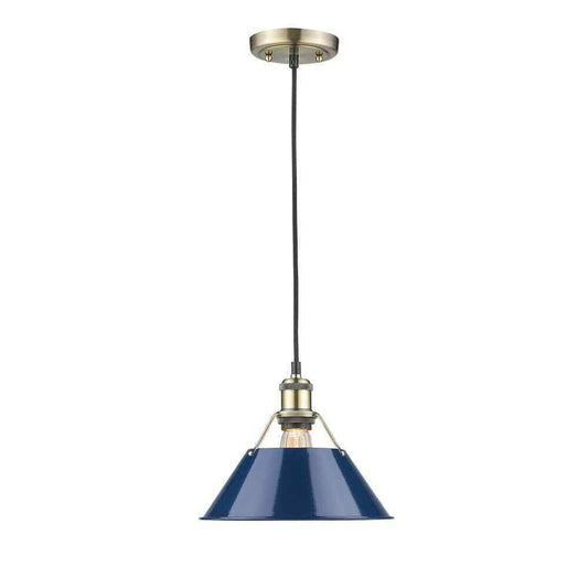 Golden Lighting Orwell AB 1-Light Aged Brass Pendant with Navy Blue Shade