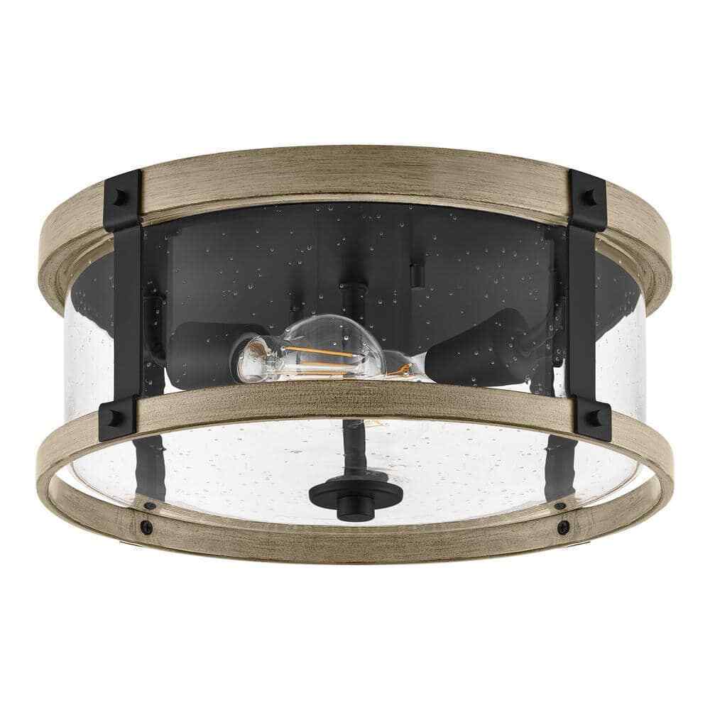 Hampton Bay Richland 2-Light Grey Wood Finish Flush Mount with Clear Seedy Glass