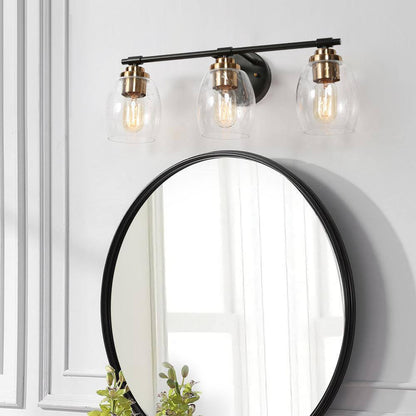 Uolfin Black Vanity Light 24.4 in. 3-Light Brass Gold Bell Vanity w/Seeded Glass