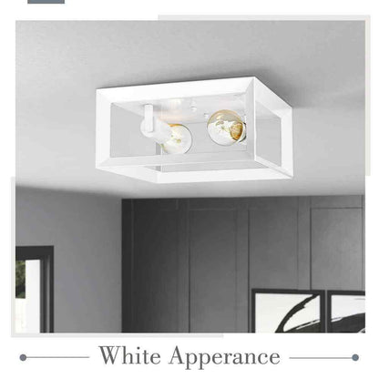 JAZAVA Farmhouse 11.5 in. 2-Light White Square Cage Flush Mount Ceiling Light
