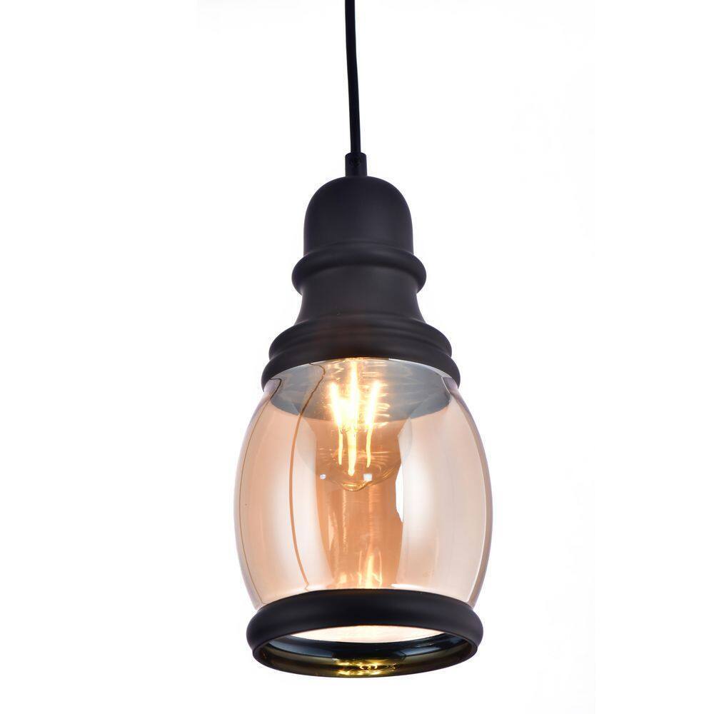 LAZZUR Vaige 13 in. 3-Light Matte Black Pendant with Amber Glass Shade