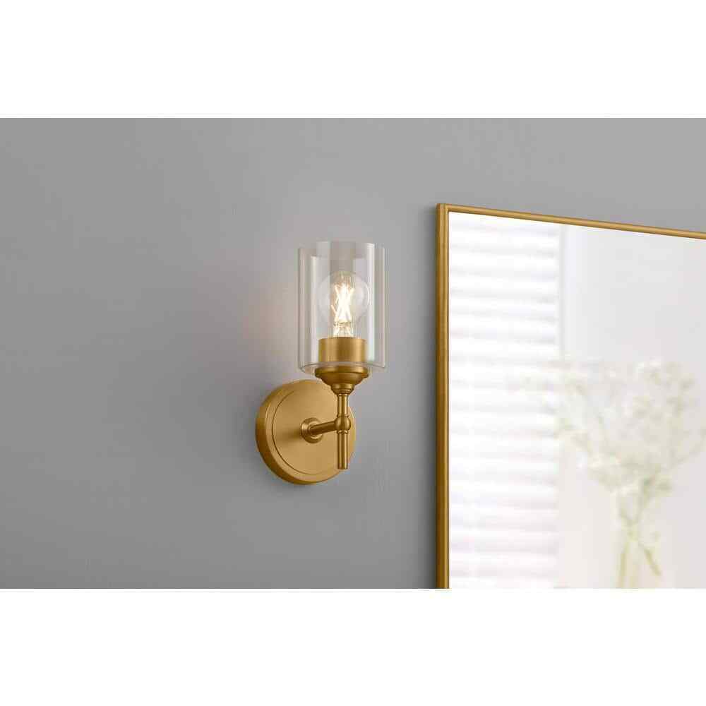 Home Decorators Ayelen 1-Light Matte Brass Clear Glass Indoor Wall Sconce