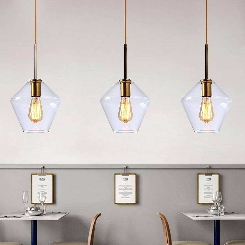 LamQee 9.1 in. W x 8.5 in. H 1-Light Clear Glass Champagne Gold Pendant Light