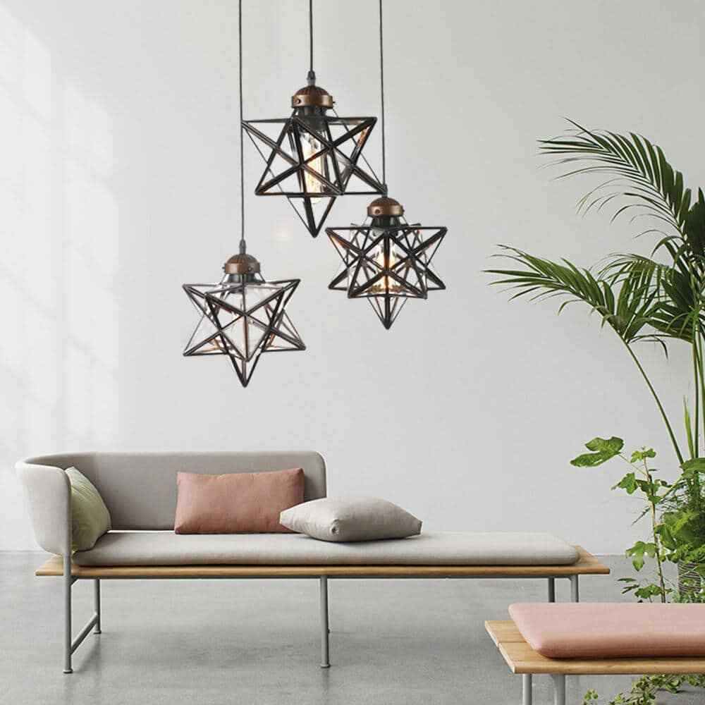 OUKANING 12 in. Brown Antique Moravian Star Pendant Light w/ Metal Glass Shade