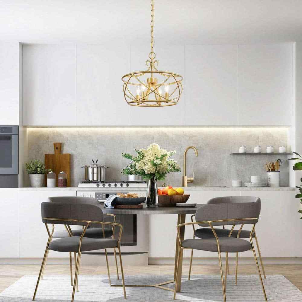 Uolfin Mid-Century Modern Dining Room 4-Light Antique Gold Drum Chandelier