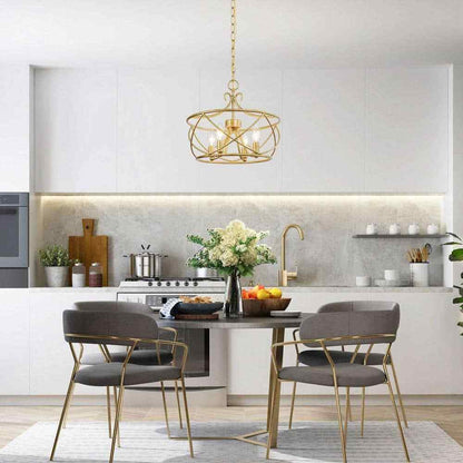 Uolfin Mid-Century Modern Dining Room 4-Light Antique Gold Drum Chandelier