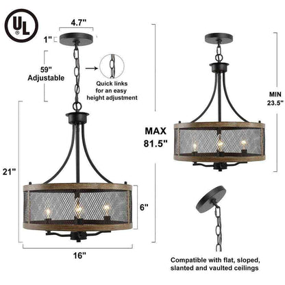 LALUZ Black Farmhouse 4-Light Drum Bronze Modern Round Chandelier Island Light
