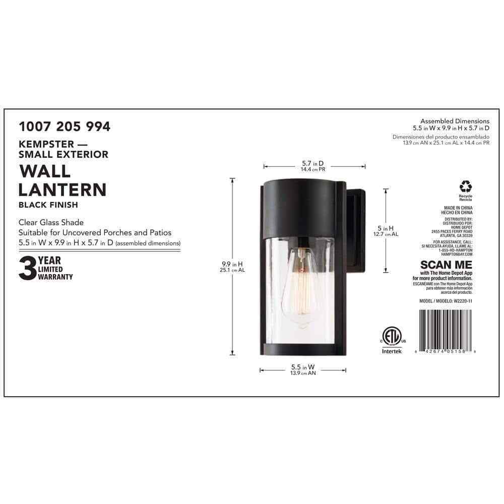 Hampton Bay Kempster 9.92 in. Modern Matte Black Outdoor Wall Cylinder Light
