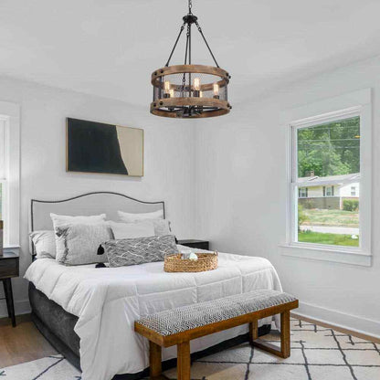 LNC Wood Drum Chandelier 5-Light Brown Candle Black Rustic Farmhouse Chandelier