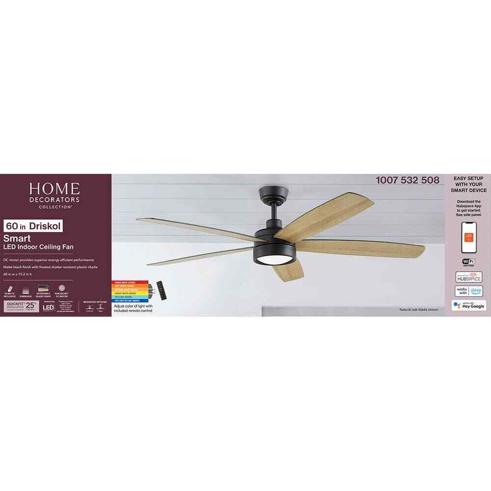 Home Decorators Driskol 60 in. LED Matte Black Smart Ceiling Fan w/ Remote