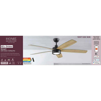 Home Decorators Driskol 60 in. LED Matte Black Smart Ceiling Fan w/ Remote