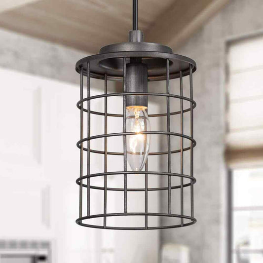 LNC 1-Light Farmhouse Rustic Gray Mini Pendant Cage Foyer Hall Island Bar Light