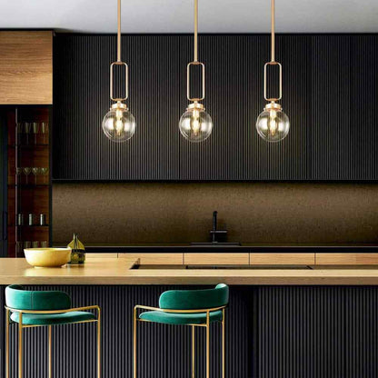 Uolfin Modern Globe Pendant Light Brass Gold Round Chandelier Clear Glass Shade