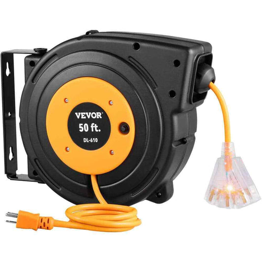 VEVOR 50 ft. 13 Amp Extension Cord Reel w/ Lighted Triple Outlet Circuit Breaker
