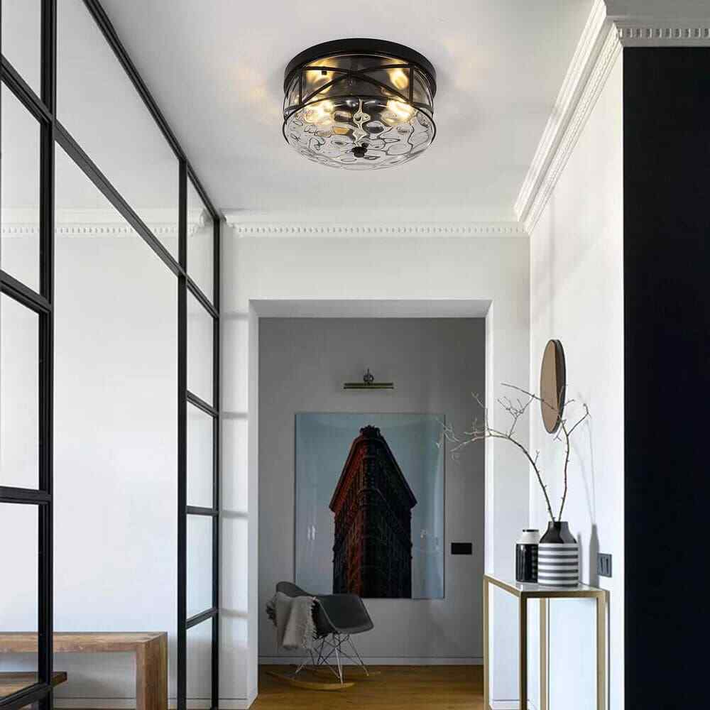LamQee 12 in. 2-Light Black Flush Mount Water Ripple Glass Ceiling Light