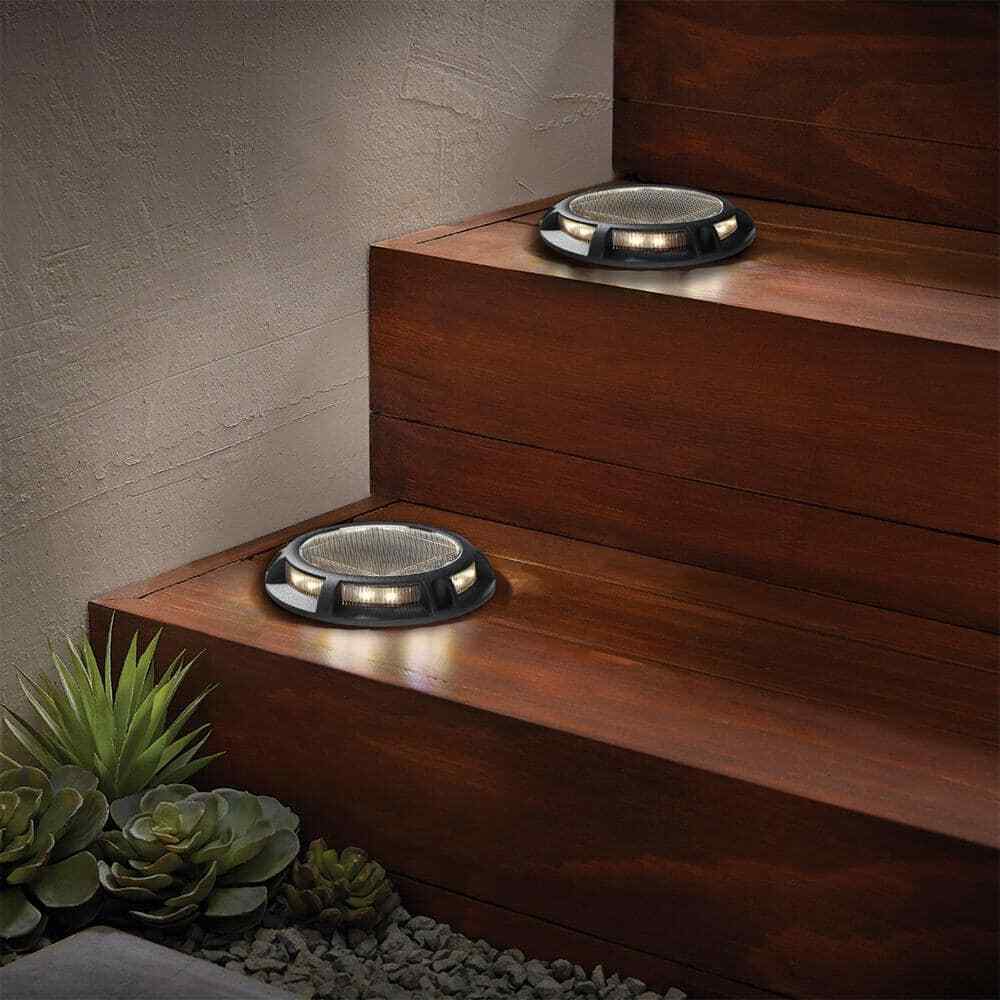 Hampton Bay Solar 15 Lumens Matte Black Integrated LED Disk Path Light 4-Pack