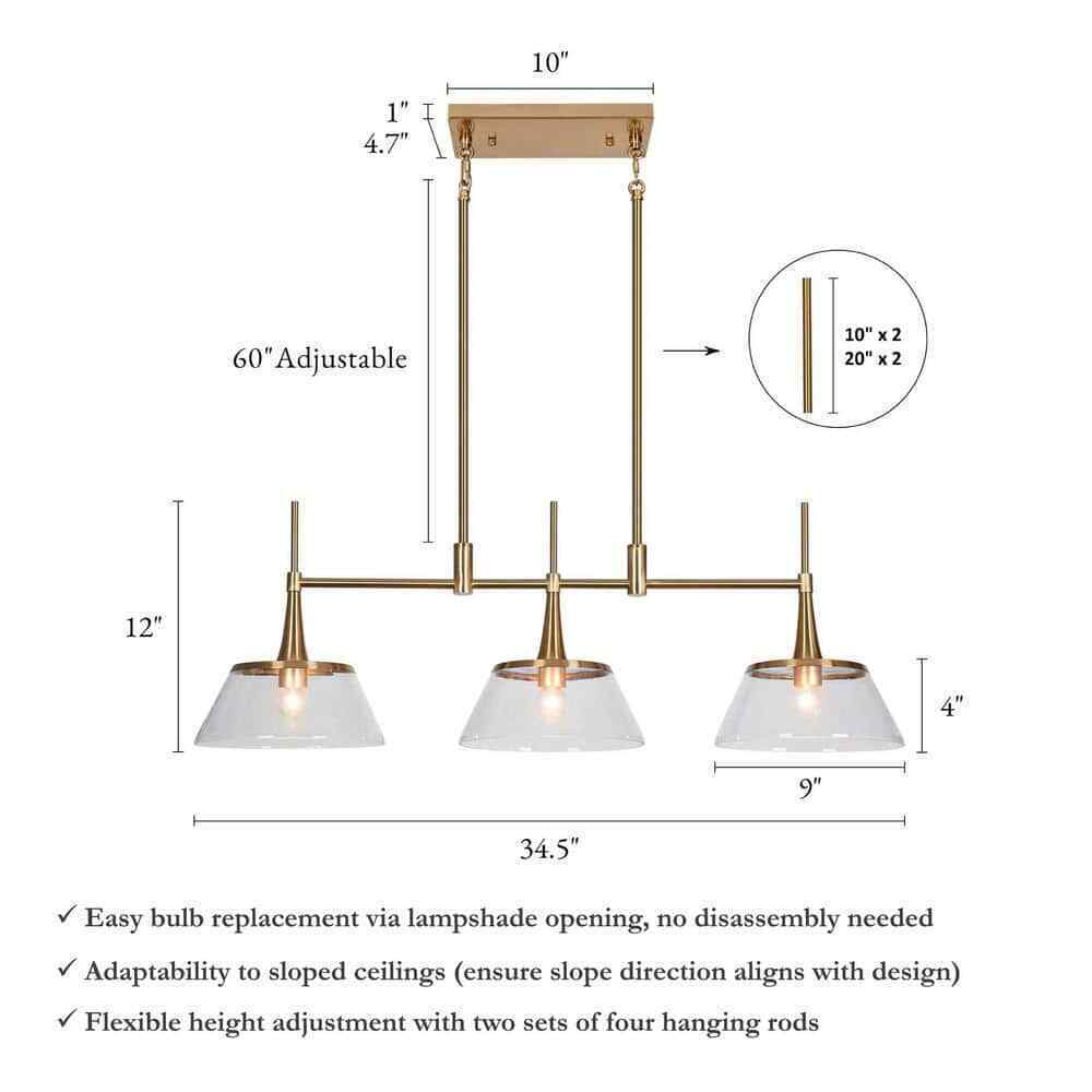LNC 34.5 in. Large Brass Modern Island Linear Chandelier Kitchen Light