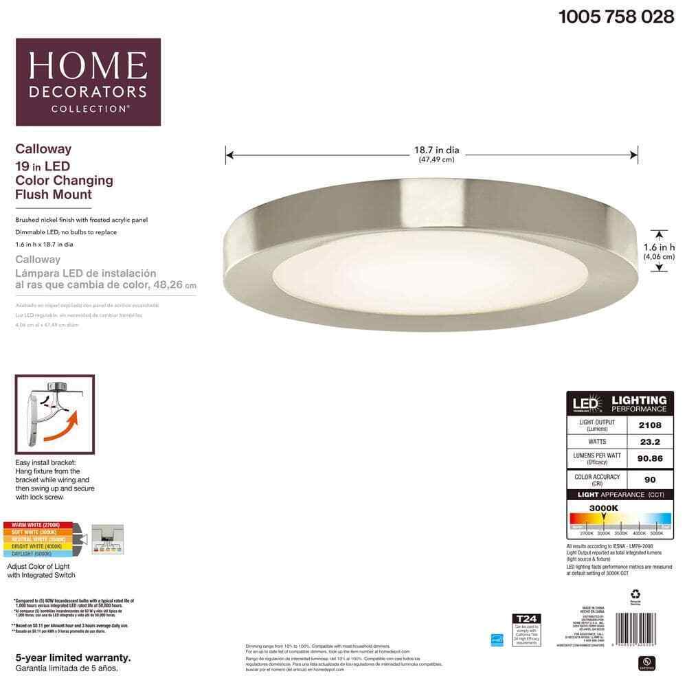Home Decorators Calloway 19 in. Brushed Nickel Selectable LED Flush Mount