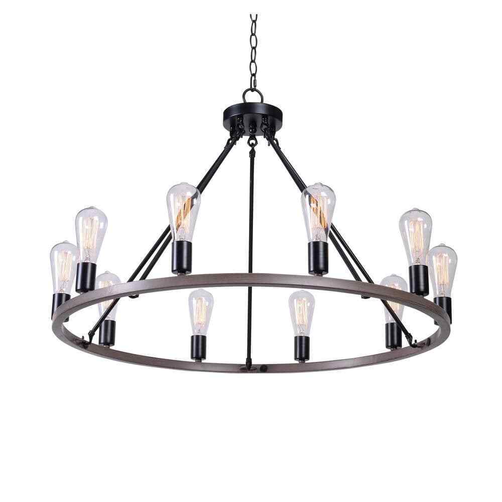 Hampton Bay Stratton 10-Light Black and Woodgrain Wagon Wheel Chandelier