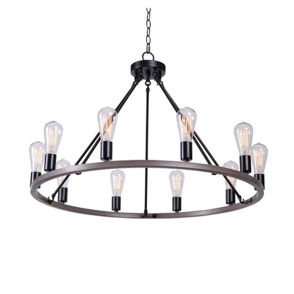 Hampton Bay Stratton 10-Light Black and Woodgrain Wagon Wheel Chandelier