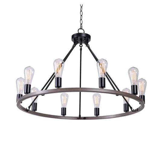 Hampton Bay Stratton 10-Light Black and Woodgrain Wagon Wheel Chandelier