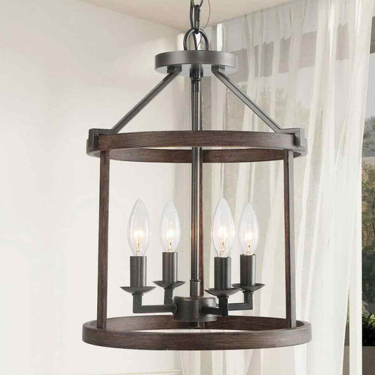 LNC Cordelia 4-Light Dark Wood Grain Candlestick Chandelier w/ Cage Shade