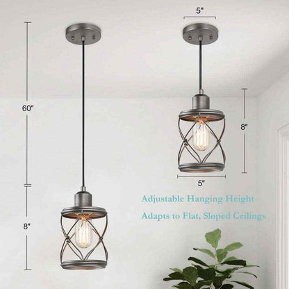 LNC Modern Farmhouse Gray Mini Pendant Light w/ Dark Pewter Drum Metal Wire Cage