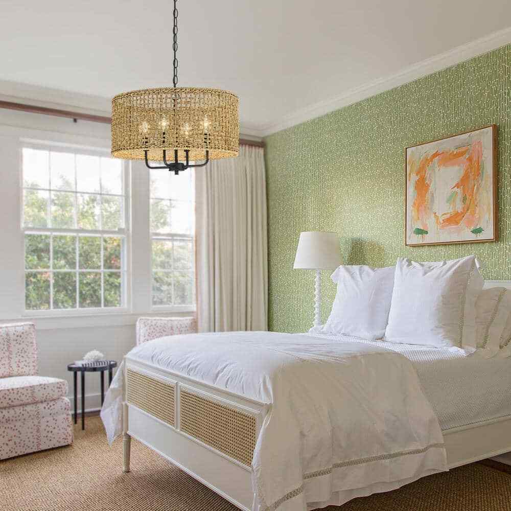 TRUE FINE Cape 20 in. 4-Light Bohemian Drum Chandelier w/ Lime Hand Woven Shade