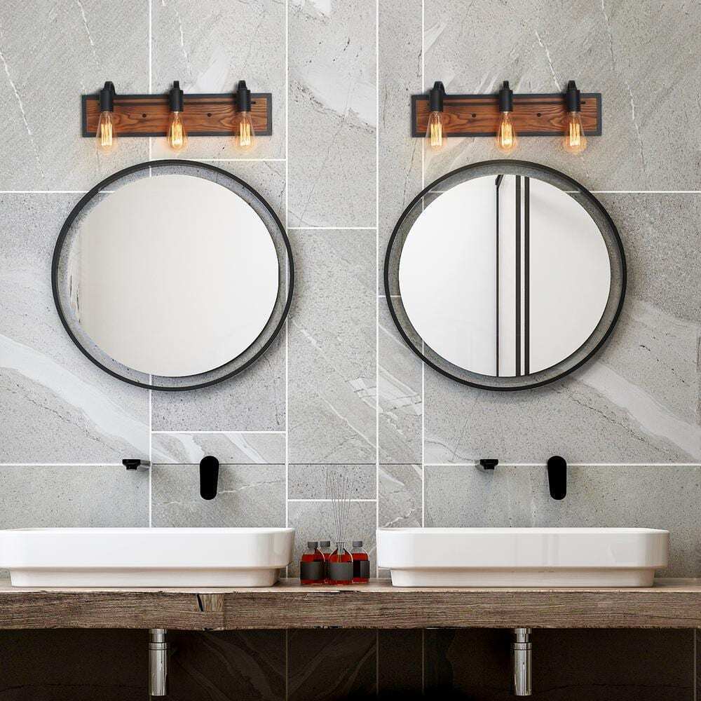 LNC Rustic Bathroom Vanity Light Wayner 3-Light Matte Black Wood Vanity Light