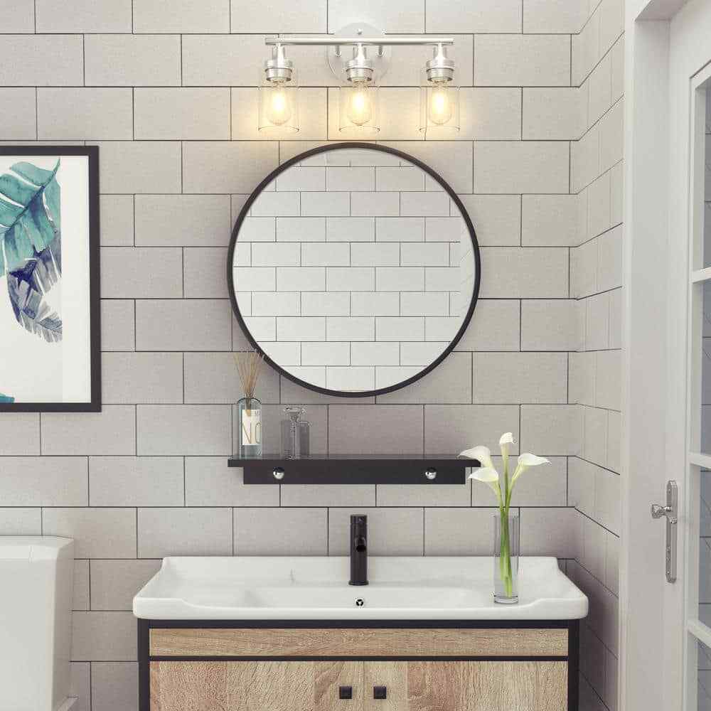 Merra 17 in. 3-Light Modern Brushed Nickel Vanity-Light with Clear Glass Shade