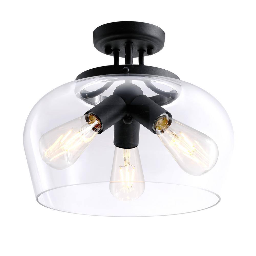 Merra 14 in. 3-Light Matte Black Semi-Flush Mount with Clear Glass Shade