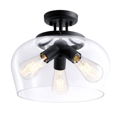 Merra 14 in. 3-Light Matte Black Semi-Flush Mount with Clear Glass Shade