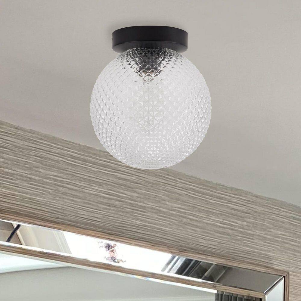 Hampton Bay Walsh 8 in. 1-Light Black Flush Mount with Prismatic Glass Shade