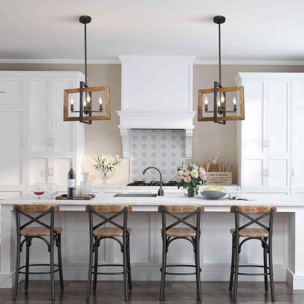 LNC 4-Light Black Modern Farmhouse Geometric Caged Wood Candelabra Chandelier