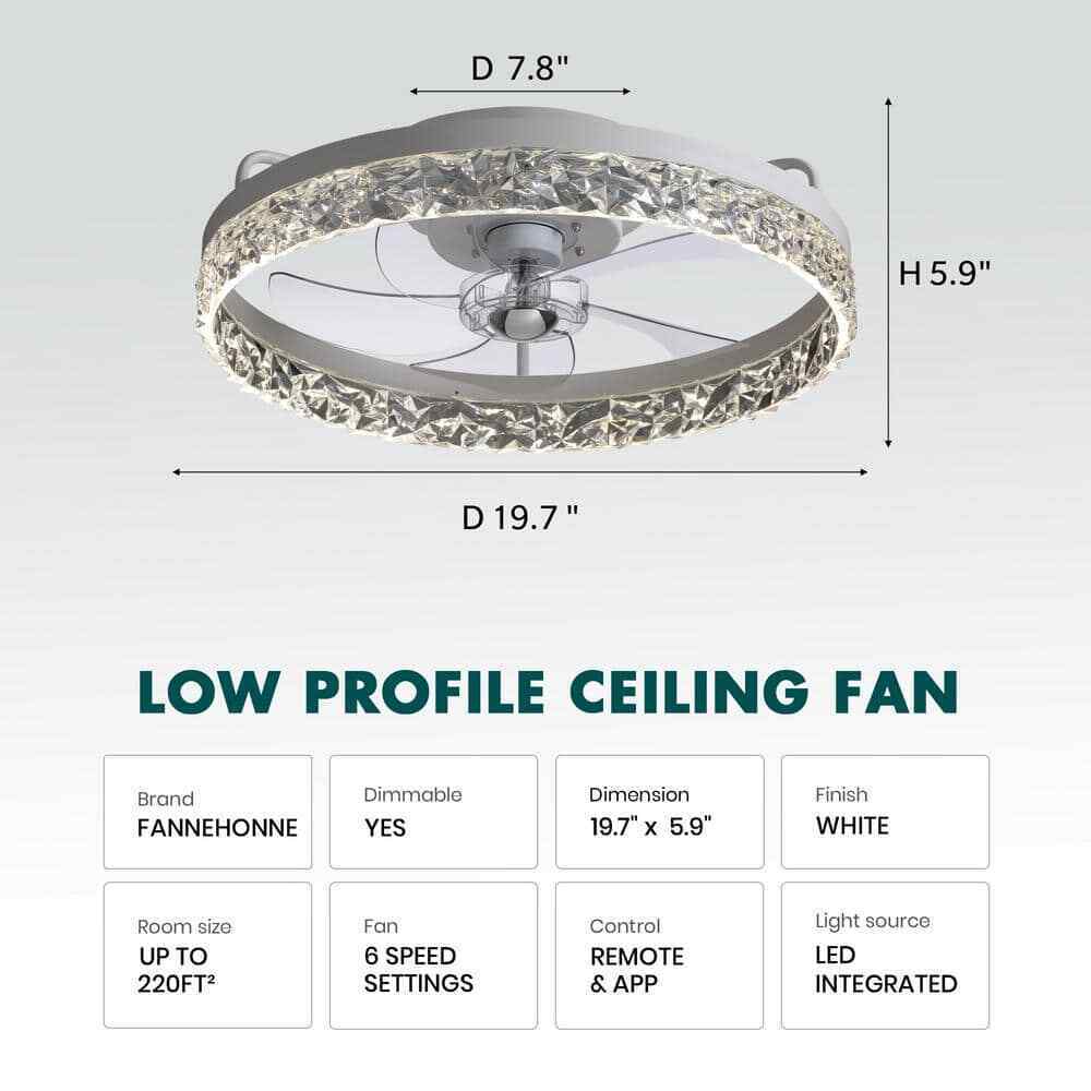 FANNEHONNE Lidia 19.68 in Indoor Modern White Crystal Flush Mount Ceiling Fan