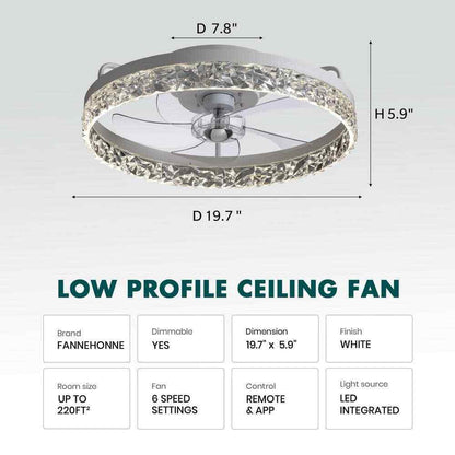 FANNEHONNE Lidia 19.68 in Indoor Modern White Crystal Flush Mount Ceiling Fan