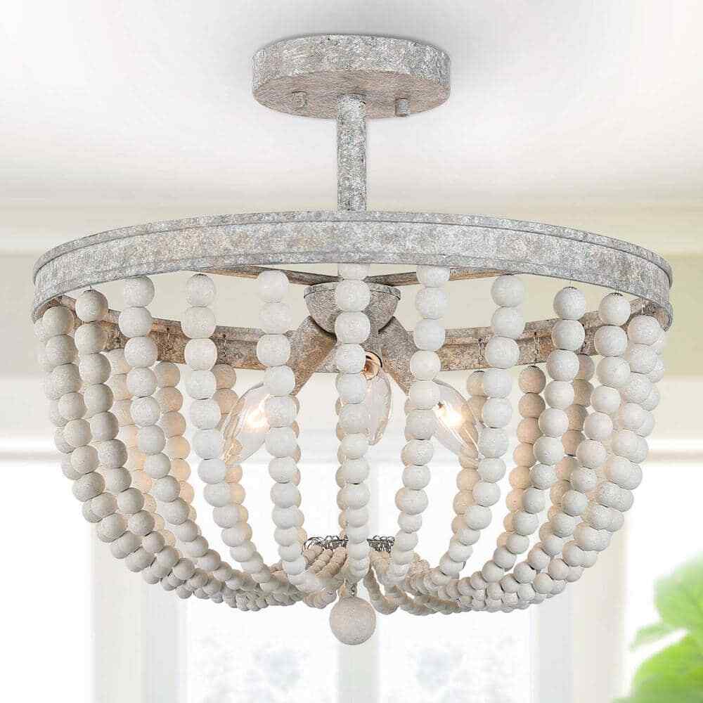LNC 16 in. Modern Farmhouse Antique White Wood Beaded Semi-Flush Mount 3-Light