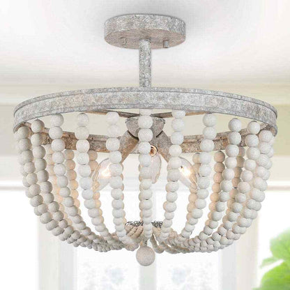 LNC 16 in. Modern Farmhouse Antique White Wood Beaded Semi-Flush Mount 3-Light
