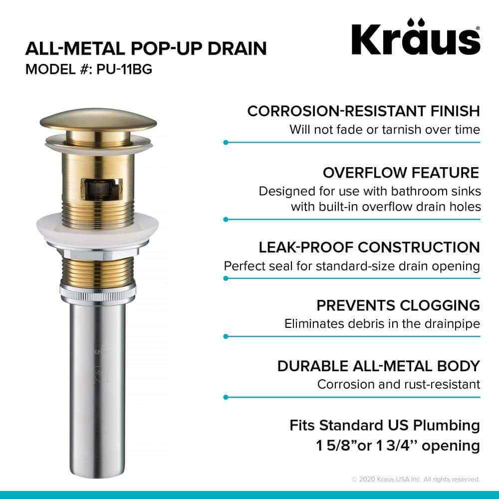 KRAUS Brass 2.6 in. Pop-Up Drain for Bathroom Sink with Overflow in Brushed Gold