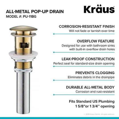 KRAUS Brass 2.6 in. Pop-Up Drain for Bathroom Sink with Overflow in Brushed Gold