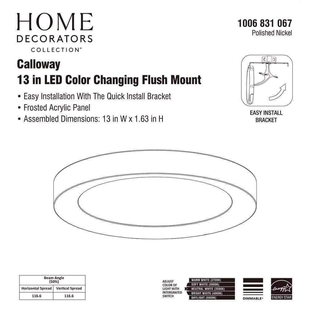Home Decorators Calloway 13 in. Polished Nickel LED 5CCT Flush Mount