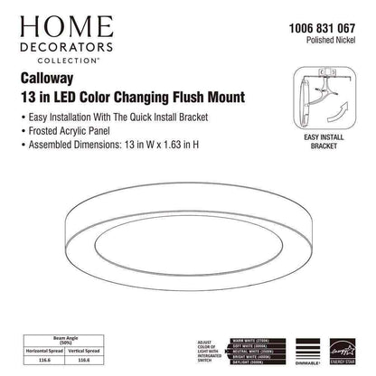 Home Decorators Calloway 13 in. Polished Nickel LED 5CCT Flush Mount