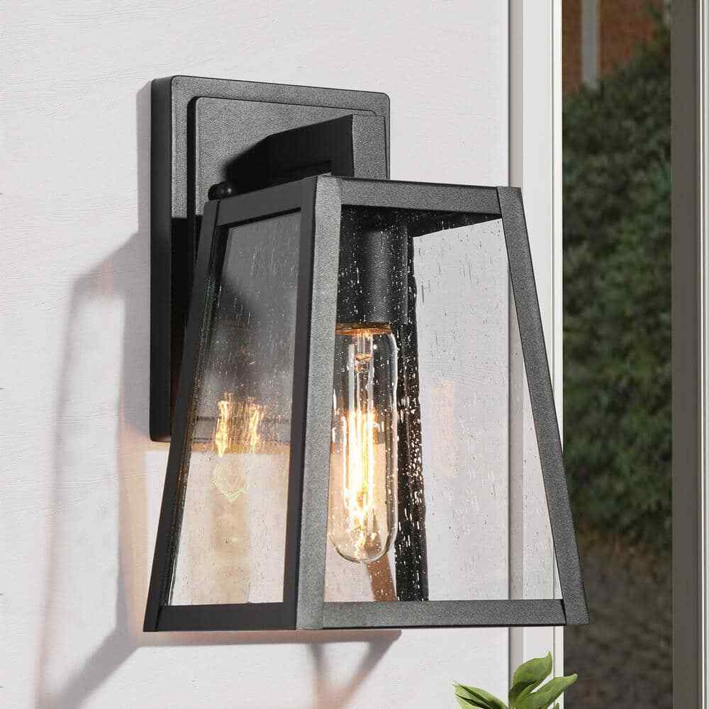 LNC Modern Matte Black Lantern Outdoor Wall Light w/ Seeded Glass Shade