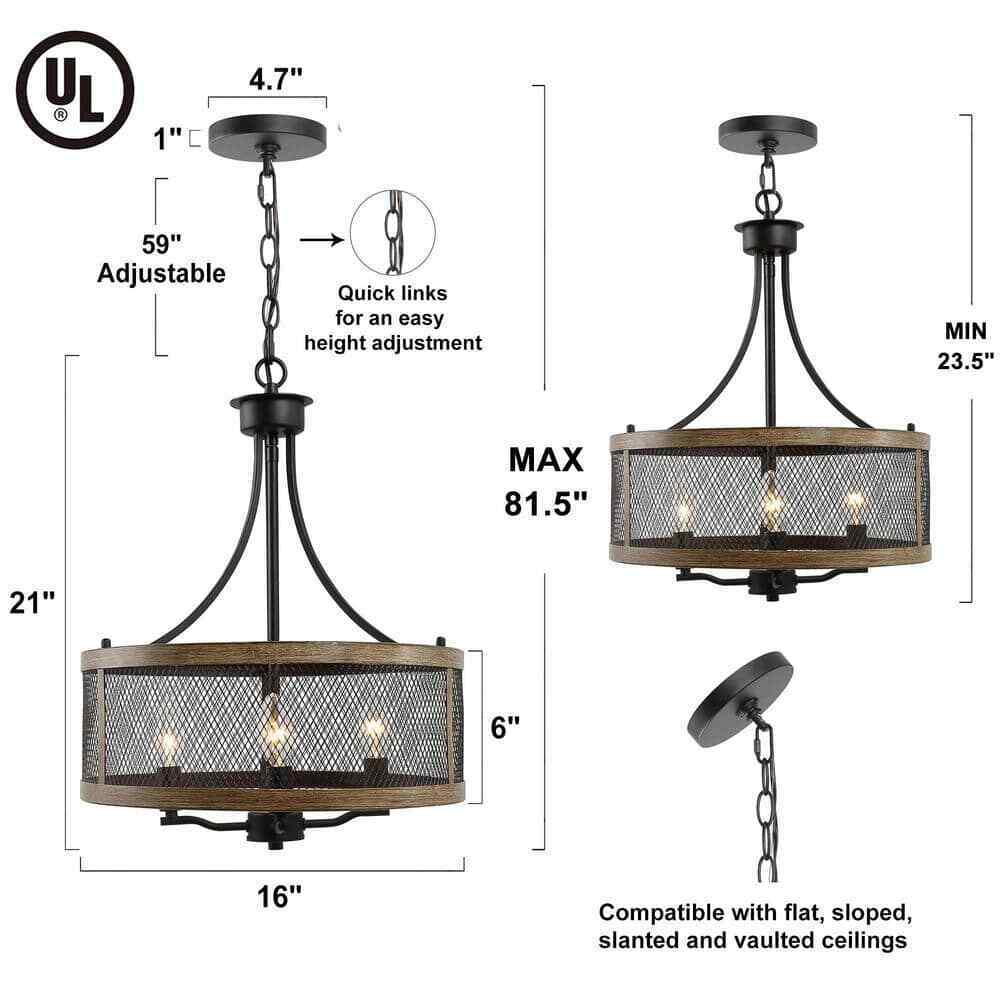 LALUZ Black Farmhouse 4-Light Drum Bronze Modern Round Chandelier Island Light
