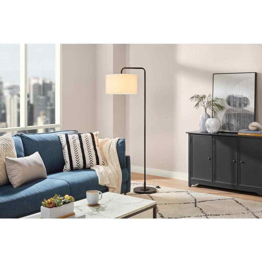 Hampton Bay Wythe 1-Light Black Downbridge Floor Lamp w/ Fabric Drum Shade